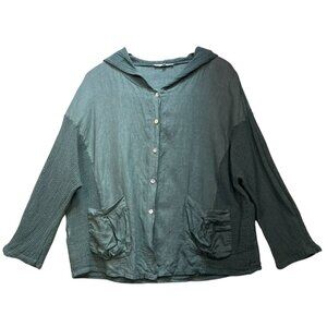 Tempo Paris Womens Linen Hooded Jacket Long Sleeve Sz L Greyish Greenish Crochet